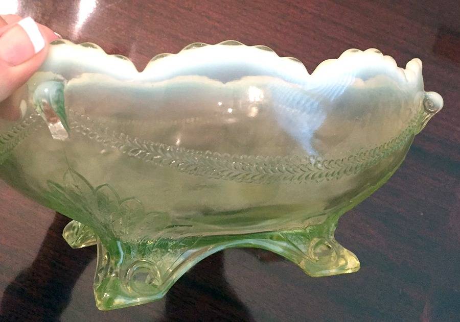Swag with Brackets Vaseline Opalescent Large Fruit Bowl by Jefferson Glass-1