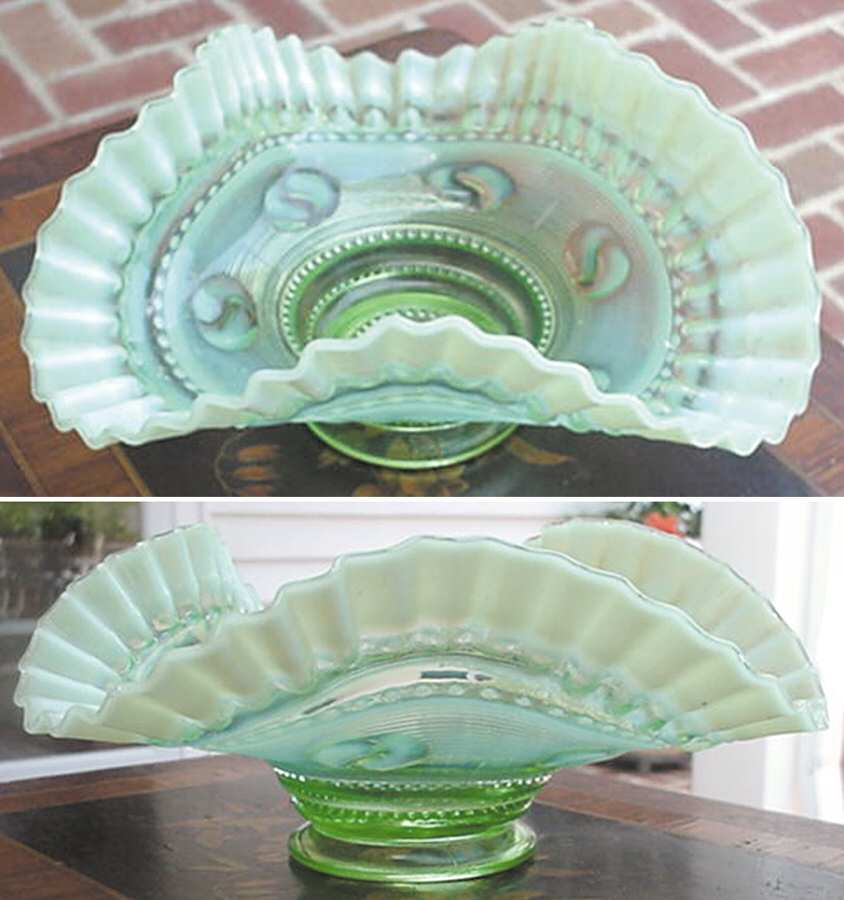 Astro Green Opalescent 9" Round Crimped Bowl by Jefferson Glass-1