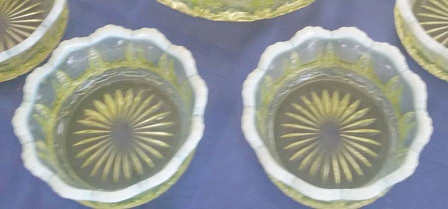 Iris with Meander Yellow Opalescent Small Fruit Dessert Bowl by Jefferson Glass-1