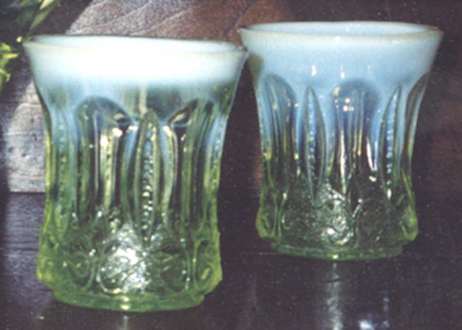 Iris with Meander Yellow Opalescent Flat Tumbler by Jefferson Glass-1