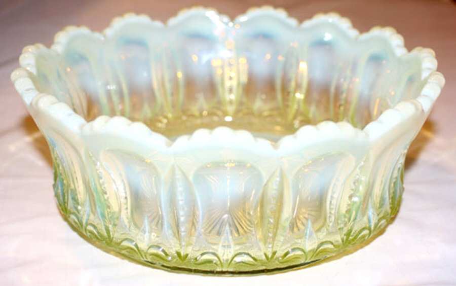 Iris with Meander Yellow Opalescent Large Fruit Bowl by Jefferson Glass-1