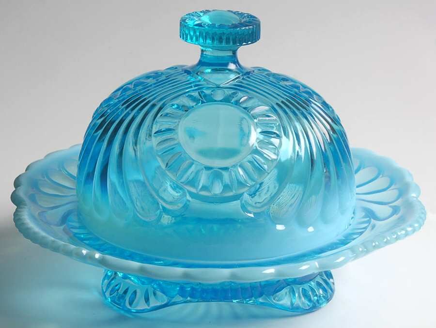 Tokyo Blue Opalescent Round Covered Butter by Jefferson Glass-1