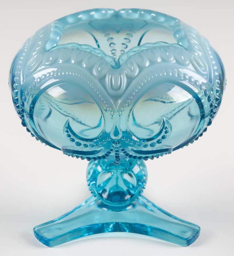 Beaded Fleur de Lis Blue Opalescent Footed Rose Bowl by Jefferson Glass-1