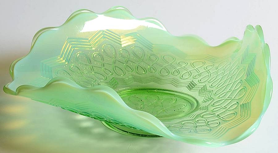 Many Loops Green Opalescent 8" Triangular Bowl by Jefferson Glass-1