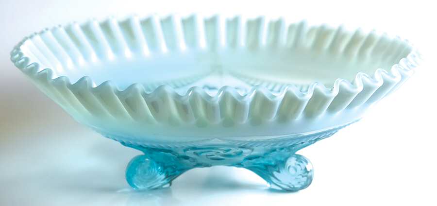Ruffles and Rings Blue Opalescent Nut Bowl by Jefferson Glass-1