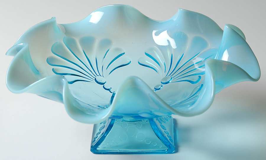 Beaded Fans Blue (Opalescent) 8" Round Crimped Bowl by Jefferson Glass-1