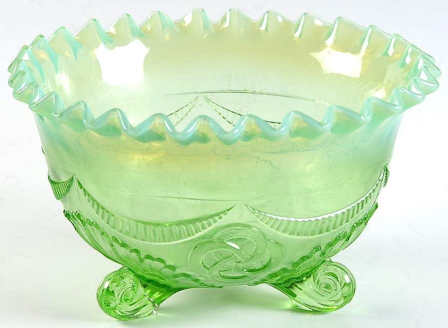 Ruffles and Rings Green Opalescent 6" Round Crimped 3 Toed Bowl by Jefferson Glass-1