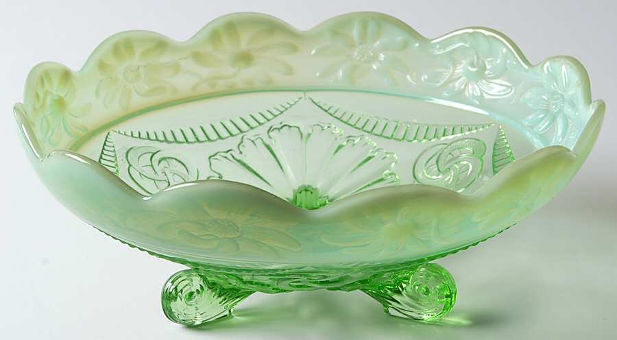 Ruffles and Rings Green Opalescent 8" 3-Toed Footed Bowl by Jefferson Glass-1