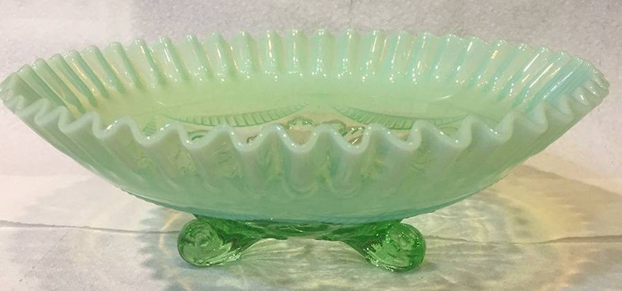 Ruffles and Rings Green Opalescent 9" Round Crimped Bowl by Jefferson Glass-1