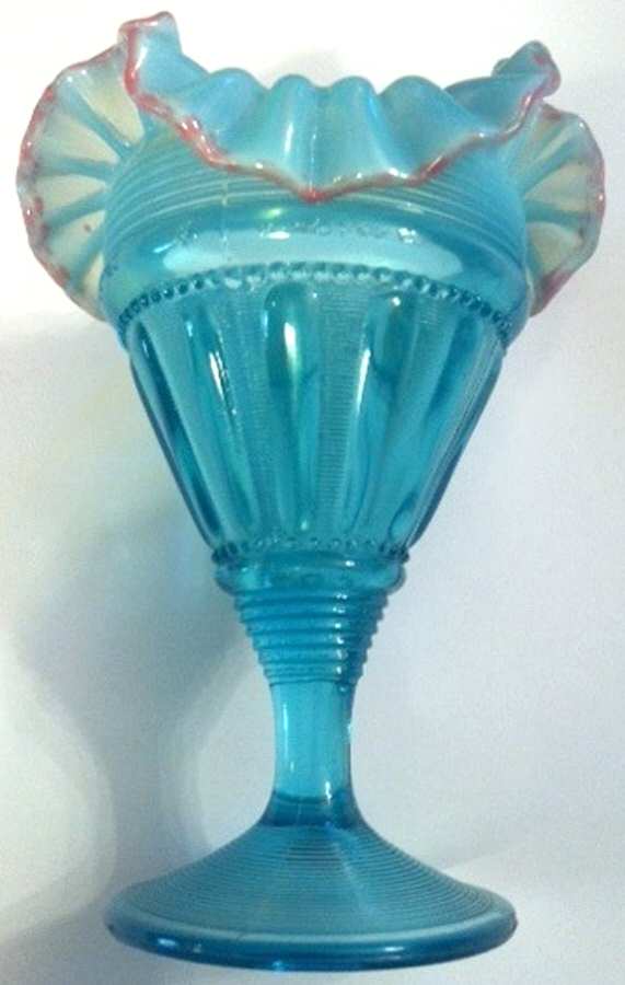 Fluted Bars and Beads Blue Opalescent 6" Footed Vase by Jefferson Glass-1