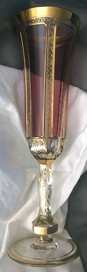 Gold Panel Cranberry Fluted Champagne by Kusak Cut Glass Works-1