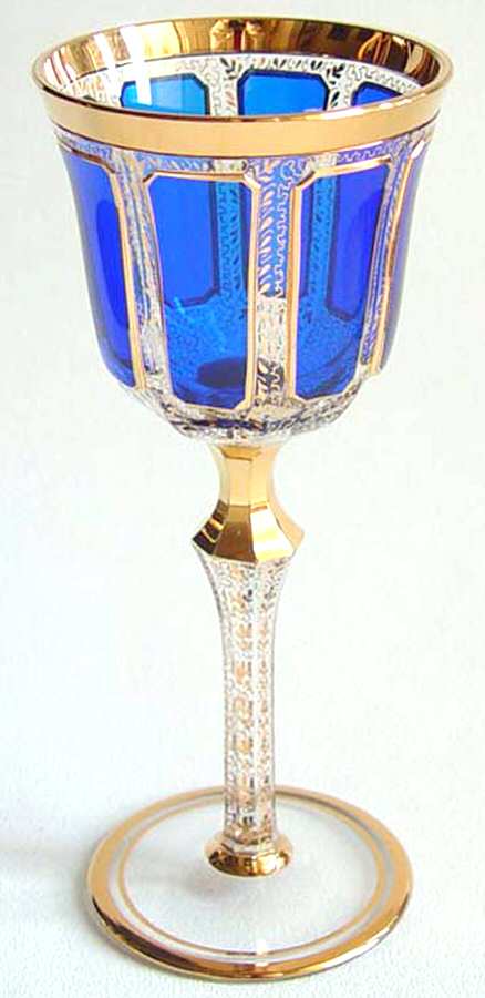 Gold Panel Cobalt Blue Water Goblet by Kusak Cut Glass Works-1