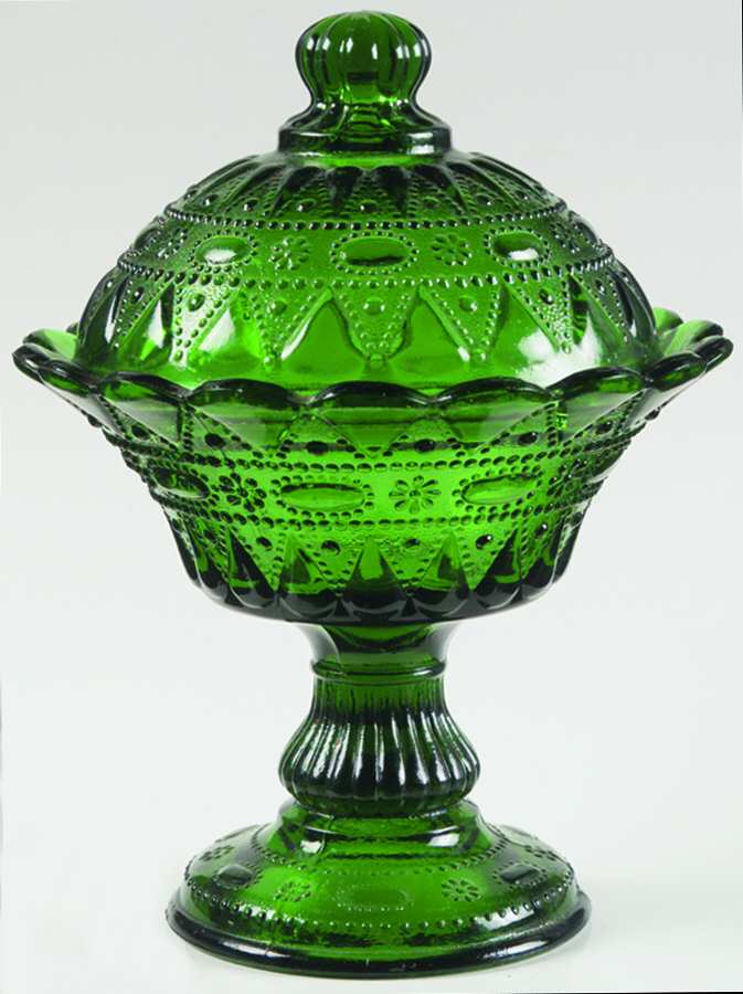 Lace and Dewdrop Green 8" Compote & Lid by Kemple-1