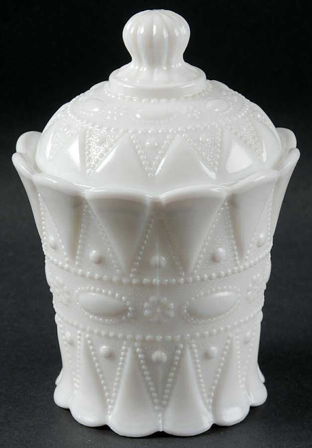 Lace and Dewdrop Milk Glass Sugar Bowl & Lid by Kemple-1