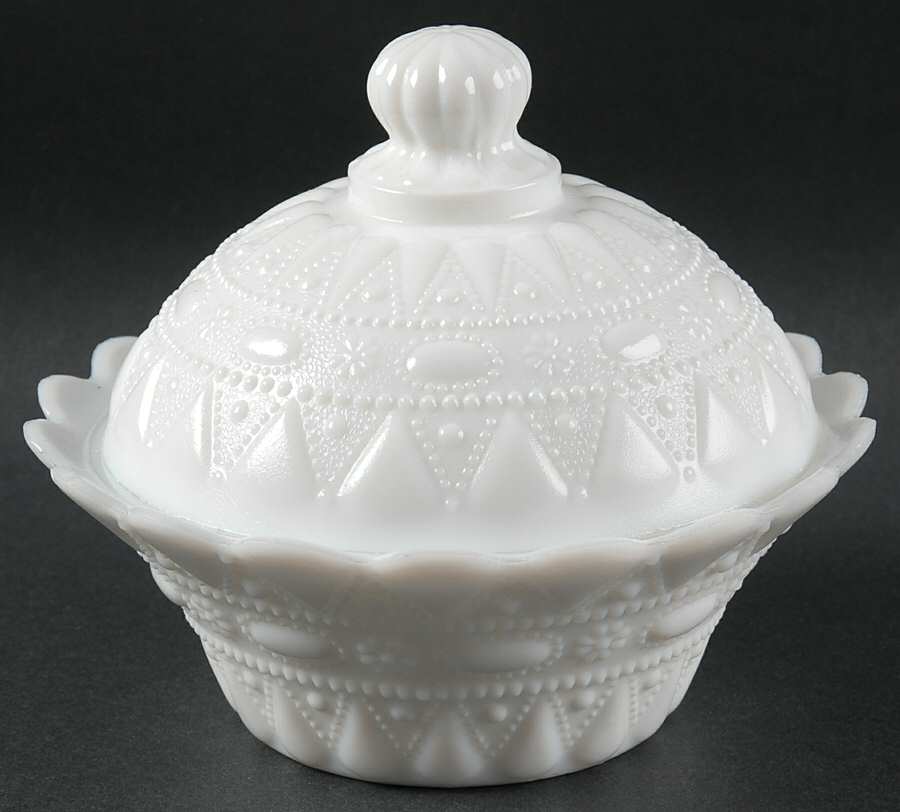 Lace and Dewdrop Milk Glass 6" Round Covered Bowl by Kemple-1