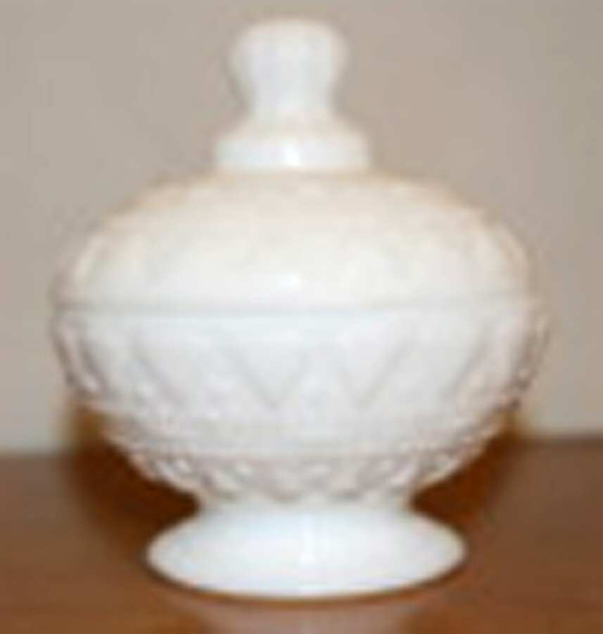 Lace and Dewdrop Milk Glass Peanut Jar & Lid by Kemple-1