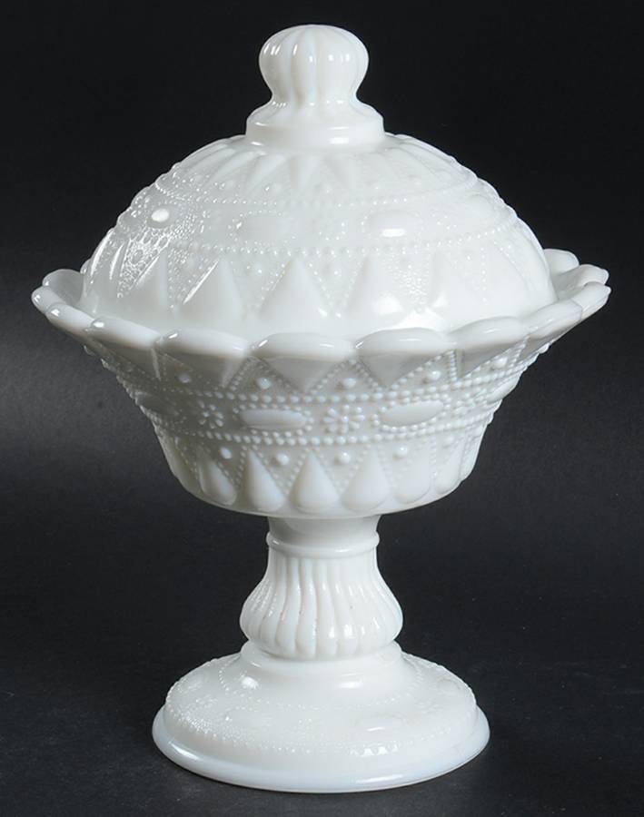 Lace and Dewdrop Milk Glass 8" Compote & Lid by Kemple-1