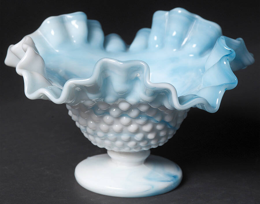 Hobnail Blue Slag Ruffled Crimped Comport by Kanawha-1