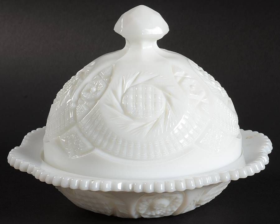 Sunburst Milk Glass Round Covered Butter by Kemple-1