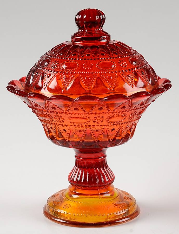Lace and Dewdrop Amberina 8" Compote & Lid by Kemple-1