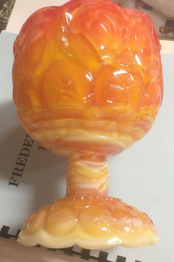 Moon and Stars Orange Slag Round Compote (Height X Width) by Kanawha-1
