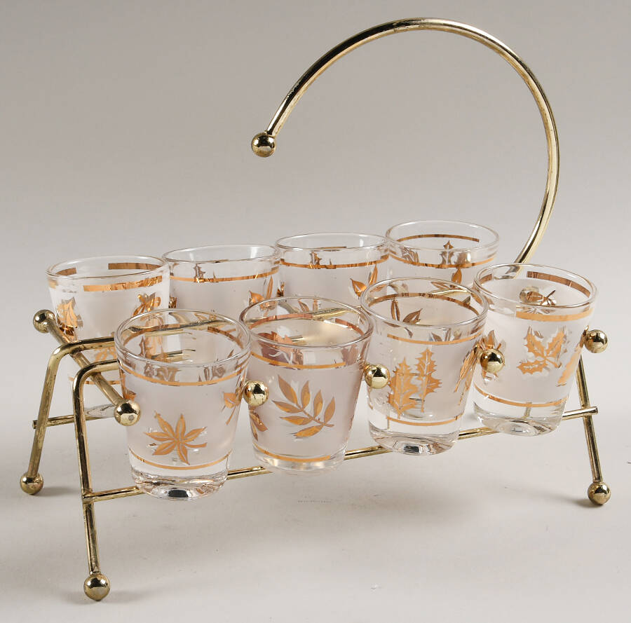 Golden Foliage Shot Glass Set (8 Glasses with Metal Stand) by Libbey Glass Company-1