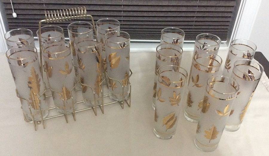 Golden Foliage Tom Collin - Set of 8 & Metal Holder by Libbey Glass Company-1