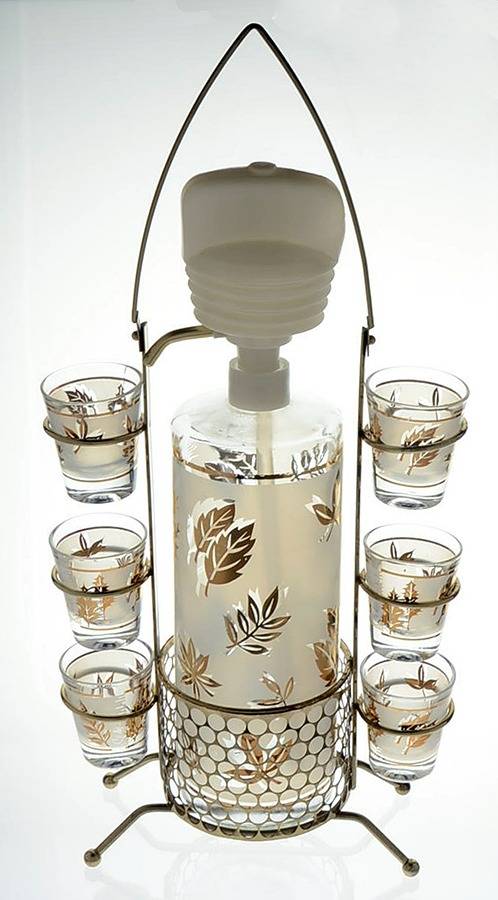 Golden Foliage Liquor Bottle Set (Bottle, 6 Shots & Metal Stand) by Libbey Glass Company-1