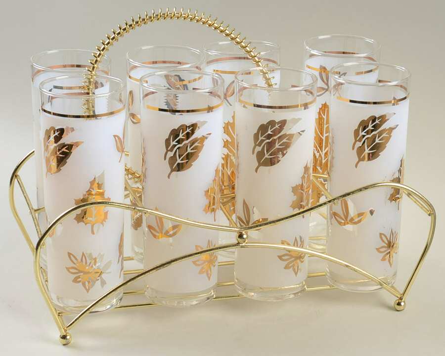 Golden Foliage Tom Collin - Set of 8 & Metal Holder by Libbey Glass Company-1