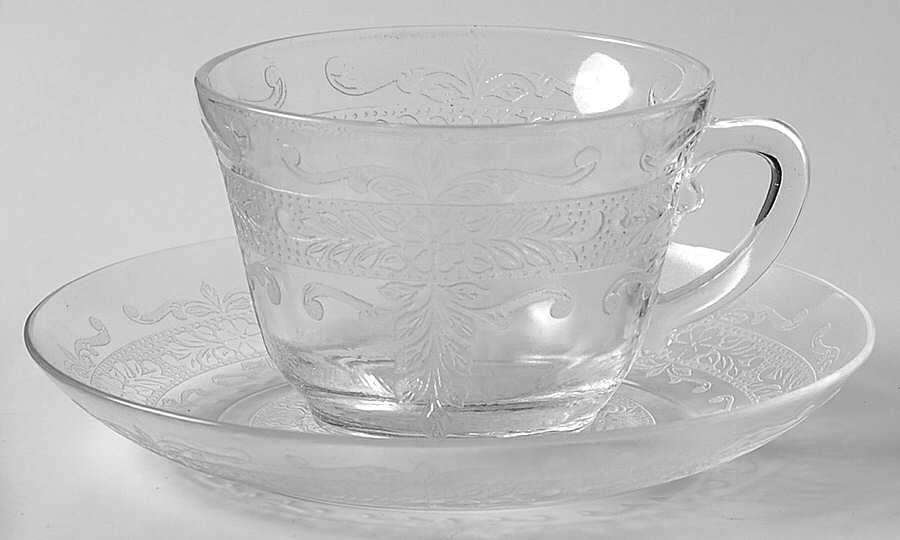 Stippled Rose Band Clear Cup and Saucer Set by MacBeth-Evans-1