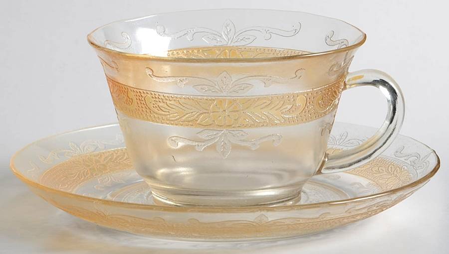 Stippled Rose Band Clear with Amber Cup & Saucer Set by MacBeth-Evans-1