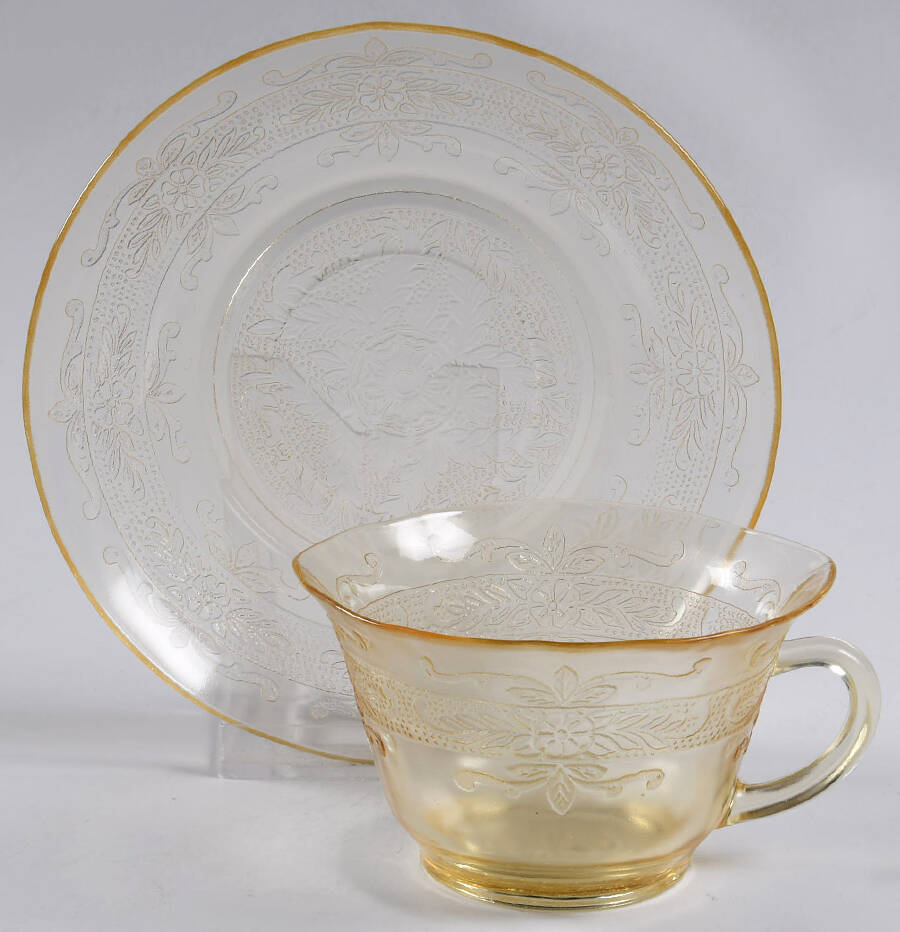 Stippled Rose Band Amber Cup & Saucer Set by MacBeth-Evans-1