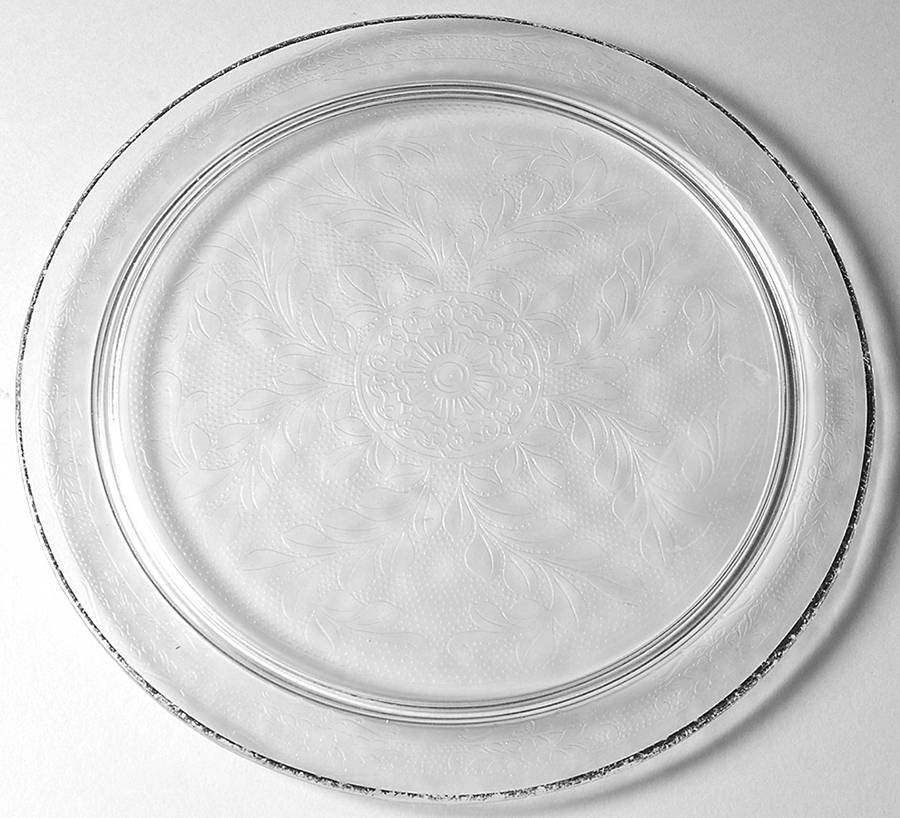 Stippled Rose Band Clear with Platinum Cake Plate by MacBeth-Evans-1