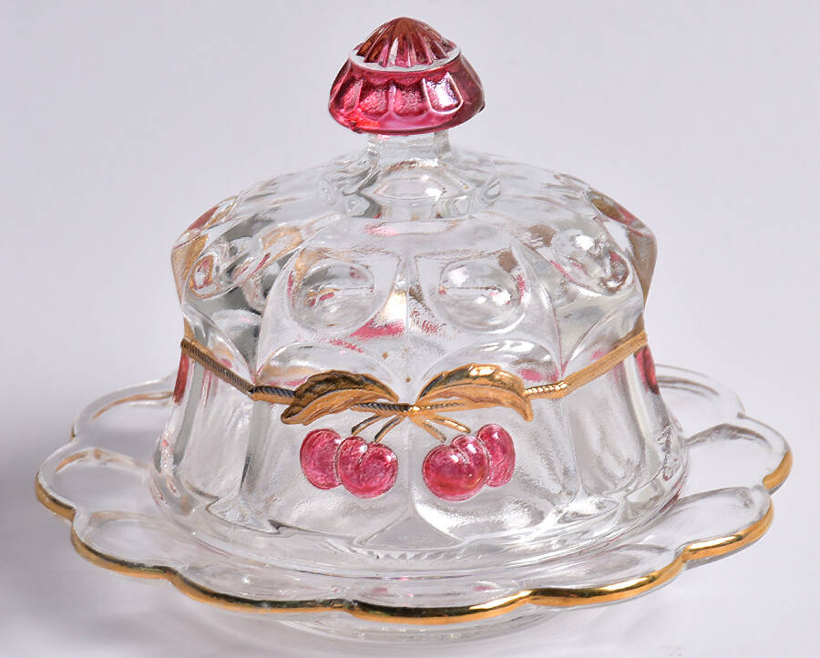 Cherry Thumbprint Decorated Child's Round Butter & Lid by Mosser (Ohio)-1