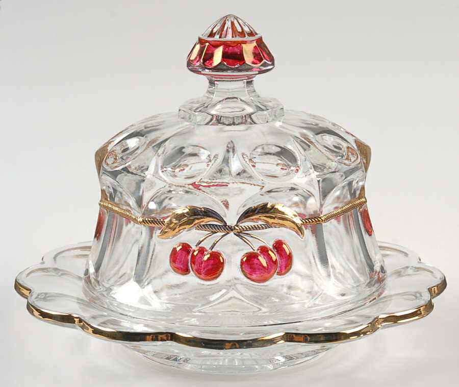 Cherry Thumbprint Decorated Round Covered Butter by Mosser (Ohio)-1