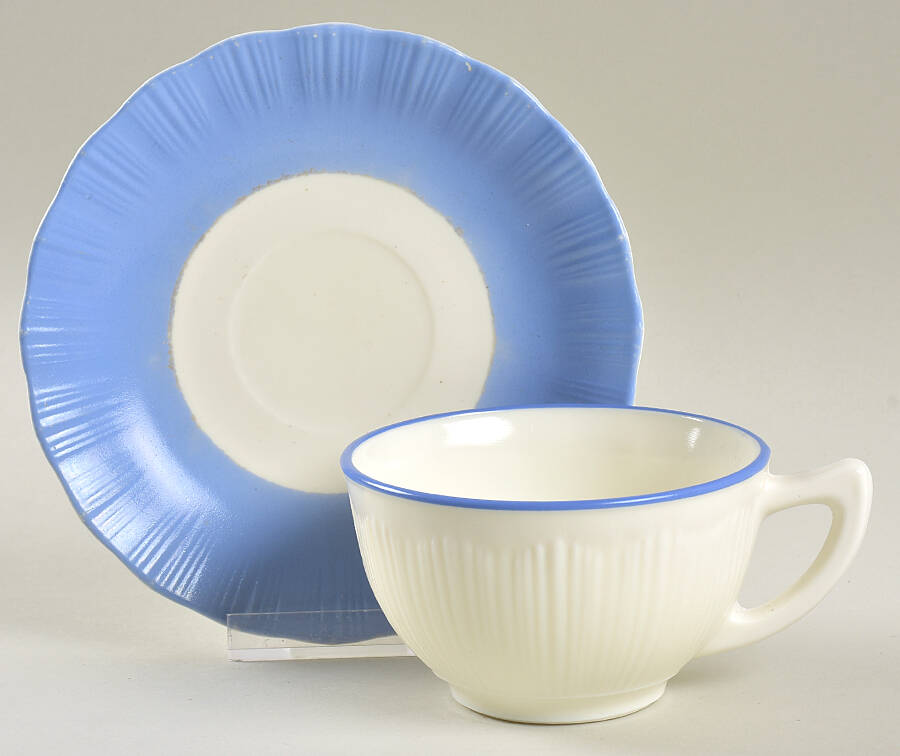 Cremax Bordette Blue Flat Cup & Saucer Set by MacBeth-Evans-1