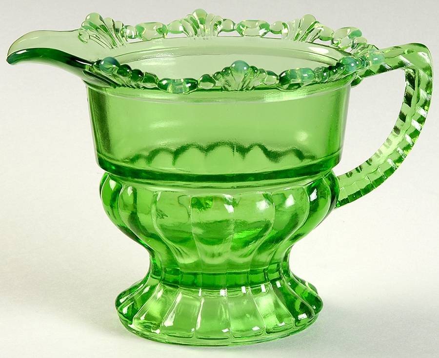 Ring and Petal Green Opalescent Creamer by Mosser (Ohio)-1