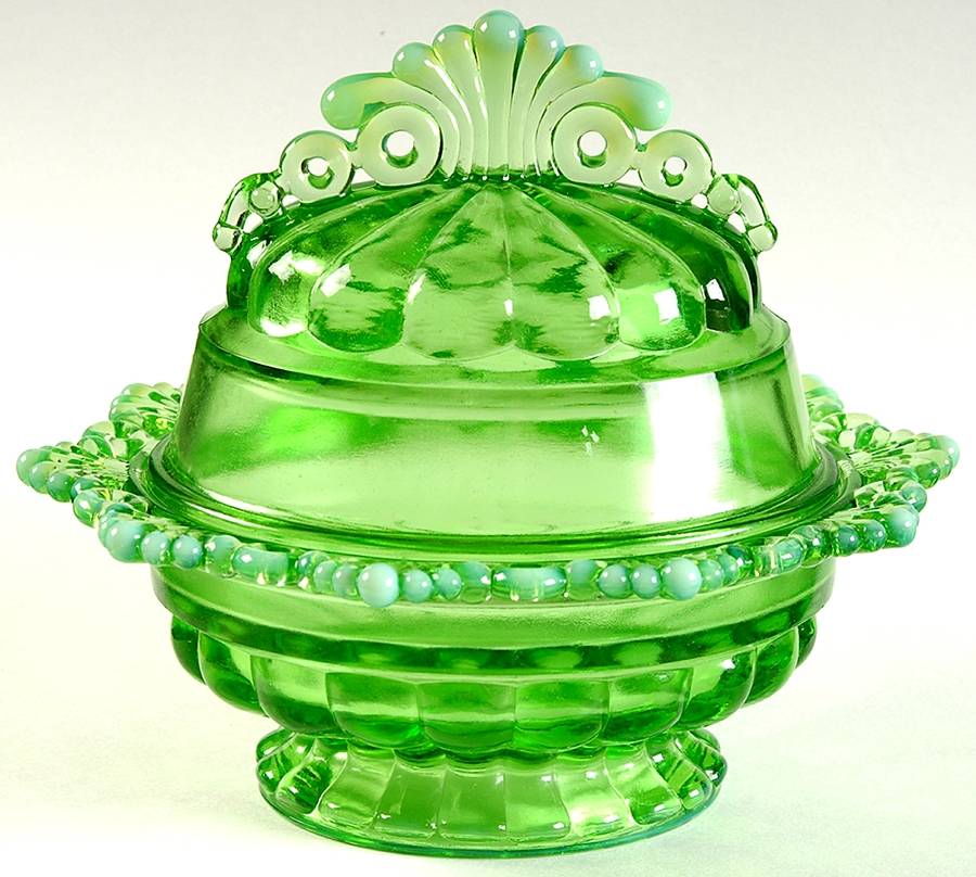 Ring and Petal Green Opalescent Oval Covered Butter by Mosser (Ohio)-1