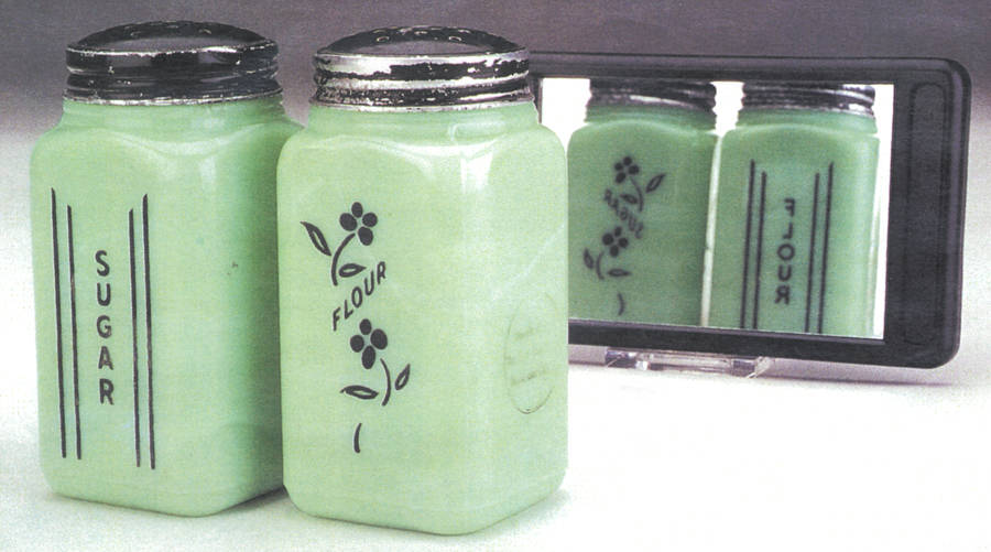 Jadite Sample Sugar Shaker with Metal Lid by McKee-1