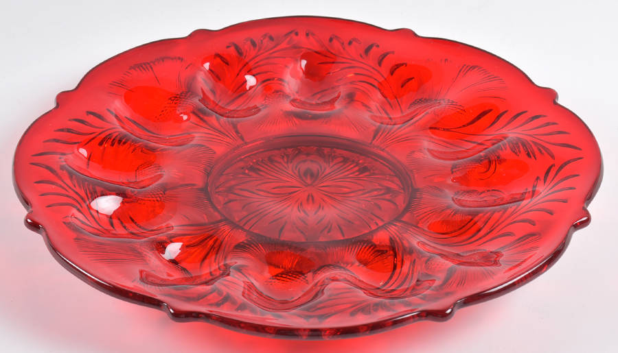 Inverted Thistle Ruby Red 11" 12 Egg, Round Egg & Relish Tray by Mosser (Ohio)-1