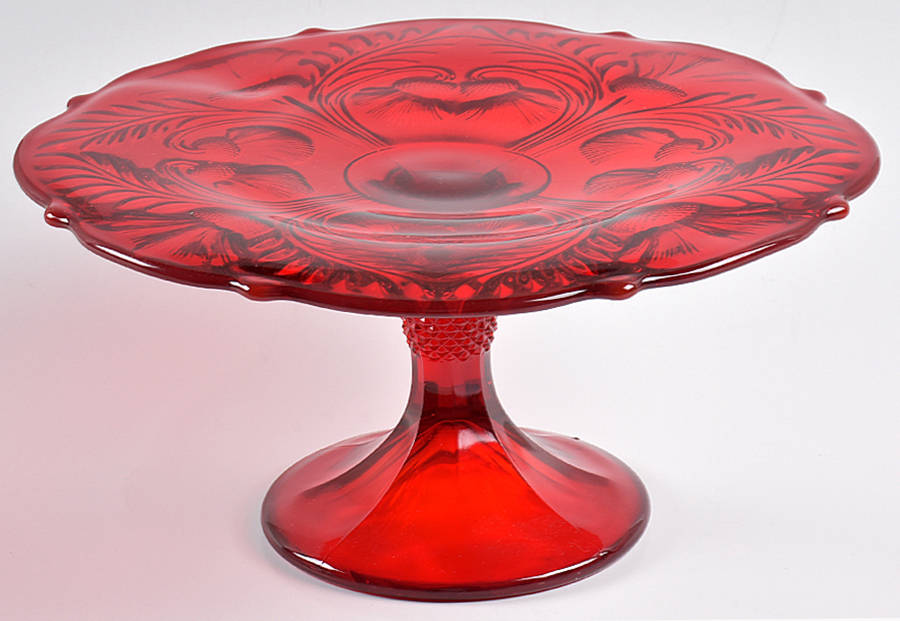 Inverted Thistle Ruby Red 11" Diameter Pedestal Cake Stand No Dome by Mosser (Ohio)-1