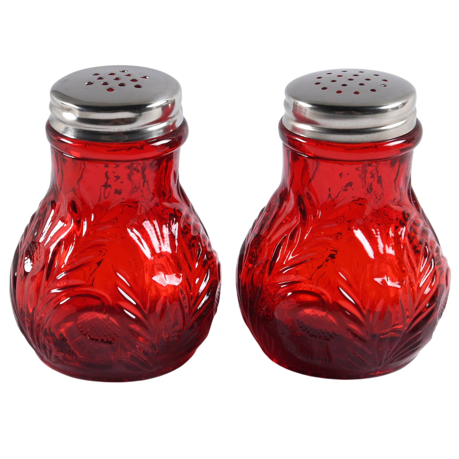 Inverted Thistle Ruby Red Shaker Set w/Metal Lids by Mosser (Ohio)-1