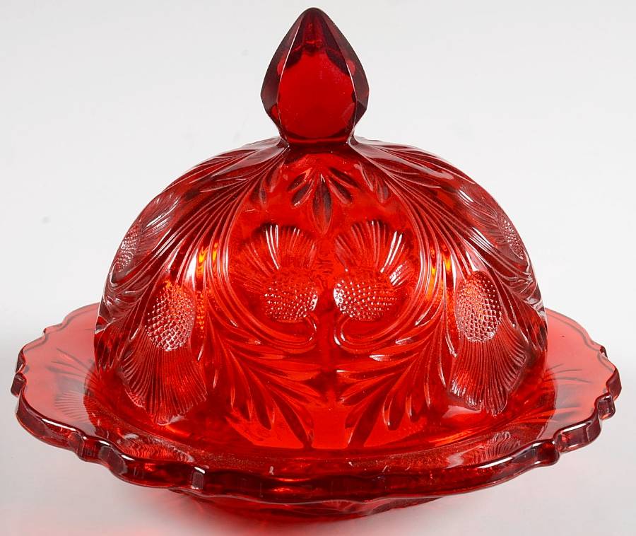 Inverted Thistle Ruby Red Round Covered Butter by Mosser (Ohio)-1