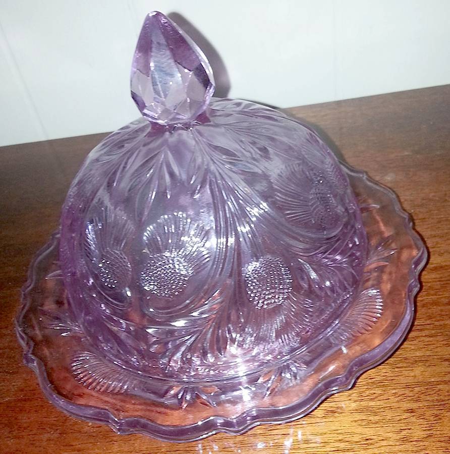 Inverted Thistle Cranberry Ice (Dark Pink) Round Covered Butter by Mosser (Ohio)-1