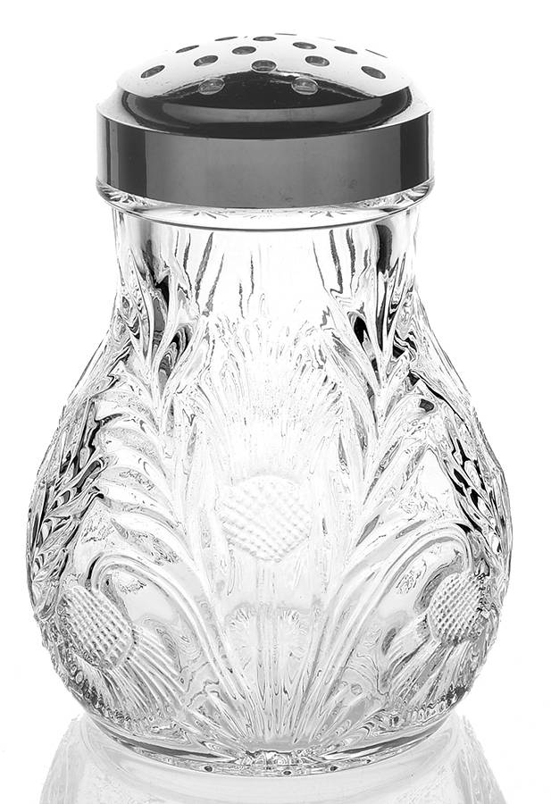 Inverted Thistle Clear Sugar Shaker with Stamped Metal Top by Mosser (Ohio)-1