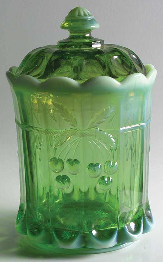 Cherry Thumbprint Green Opalescent Tobacco Jar & Lid by Mosser (Ohio)-1