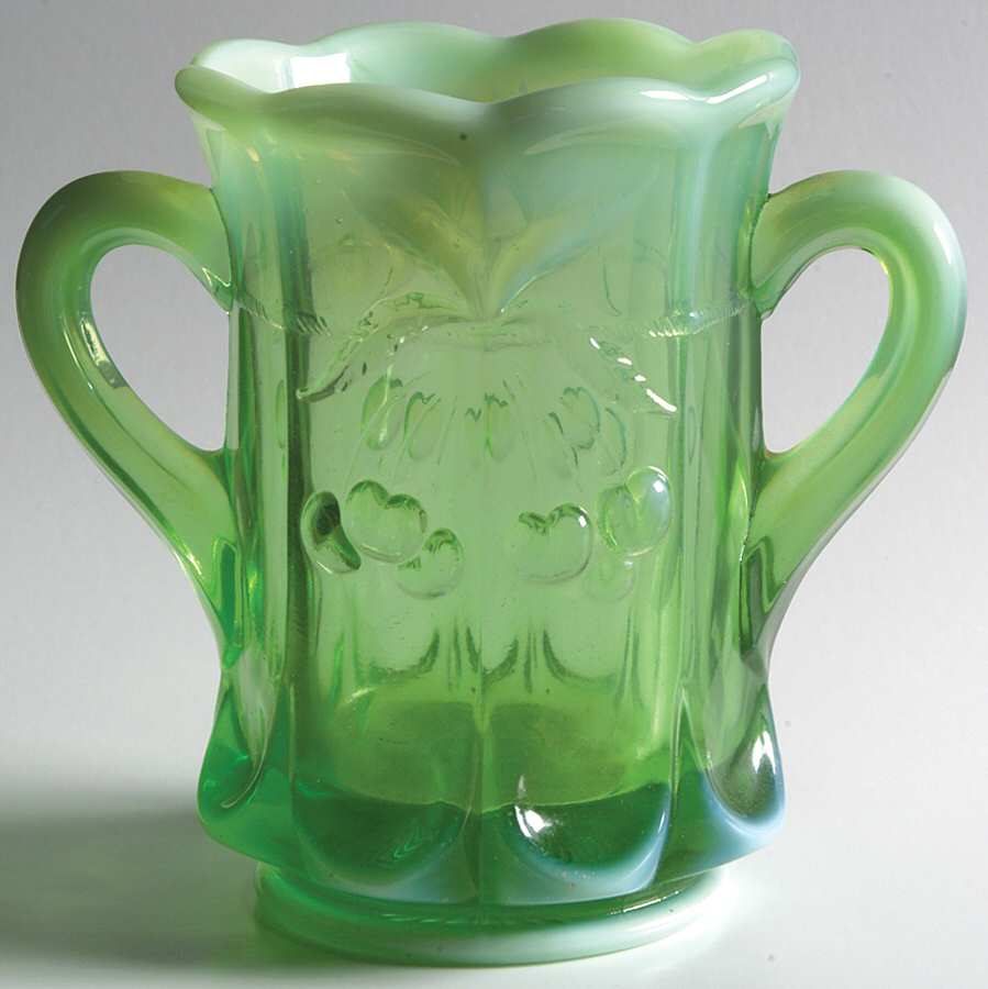 Cherry Thumbprint Green Opalescent Open Spooner by Mosser (Ohio)-1