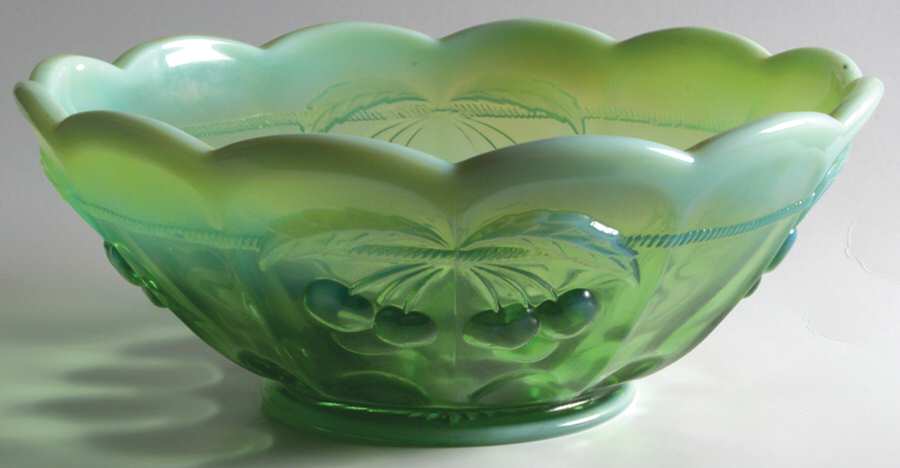 Cherry Thumbprint Green Opalescent 9" Round Bowl by Mosser (Ohio)-1