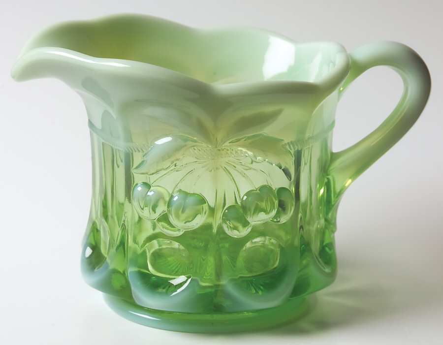 Cherry Thumbprint Green Opalescent Creamer by Mosser (Ohio)-1