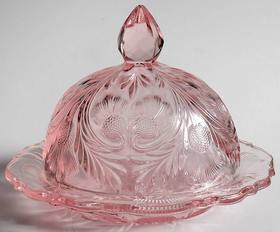 Inverted Thistle Light Pink (Rose) Round Covered Butter by Mosser (Ohio)-1